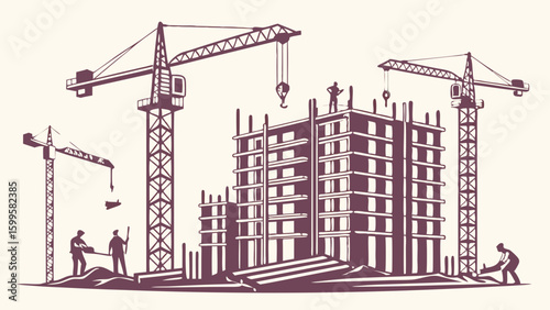 Construction Site with Building Under Construction and Cranes.