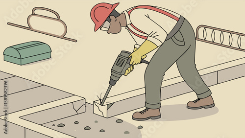 Construction Worker Demolishing Concrete with Jackhammer.