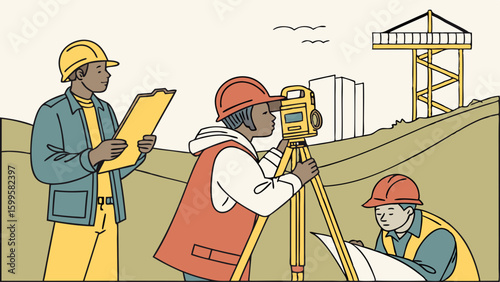 Construction Survey Team Workers Using Theodolite and Blueprint.