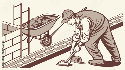 Construction Worker Laying Bricks with Wheelbarrow Nearby.