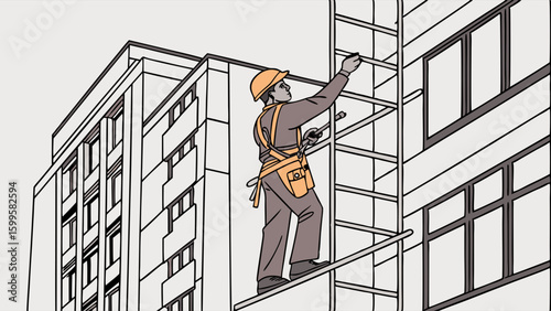 Construction worker on scaffolding near a building wearing safety gear.