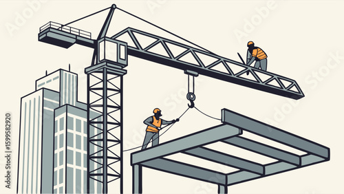 Construction Workers Building a Skyscraper with Crane.