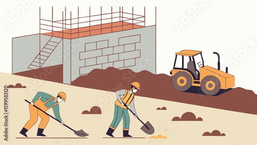 Construction Workers with Excavator and Building Under Construction.