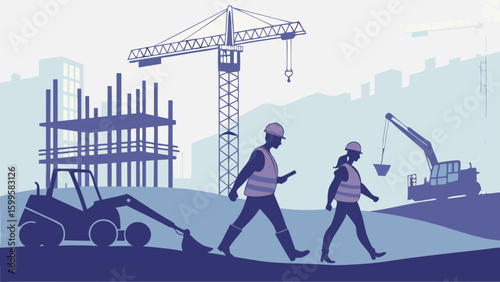 Construction Workers Walking Past Construction Site with Machinery.