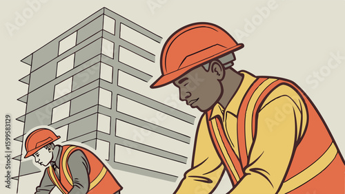 Construction Workers with Building Wearing Hard Hats and Safety Vests.