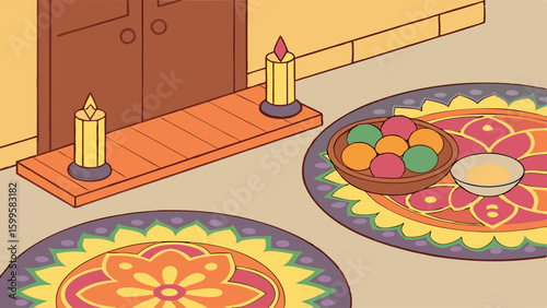 Diwali Celebration Candles Sweets and Decorative Rugs in a Home Setting.