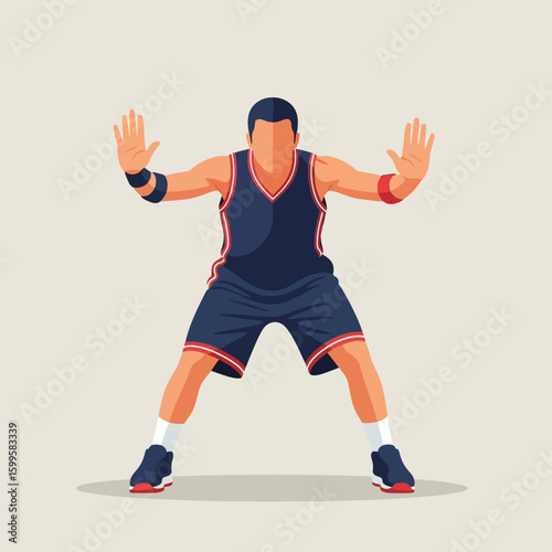 Athletic Man Defending with Raised Hands Wearing Blue Uniform on Beige Background