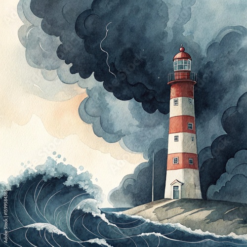 Abstract Watercolor Painting of a Lighthouse Emerging from Dark Ink Clouds