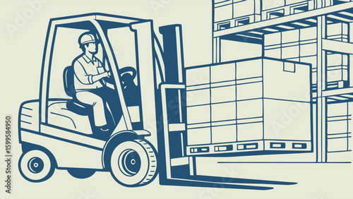 Illustration of a Forklift with Driver and Pallet Racking.
