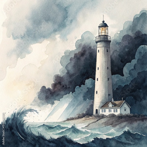 Abstract Watercolor Painting of a Lighthouse Emerging from Dark Ink Clouds
