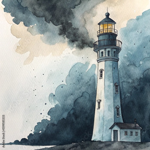 Abstract Watercolor Painting of a Lighthouse Emerging from Dark Ink Clouds