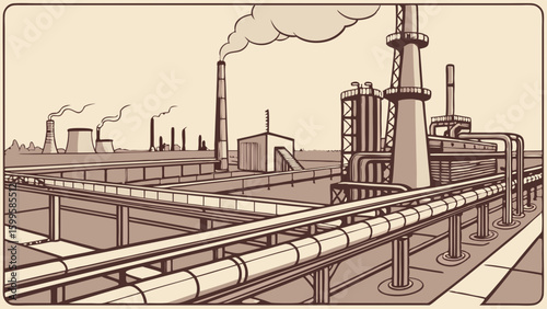 Industrial Factory Landscape with Chimneys and Pipelines Illustration.
