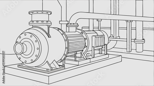 Industrial Centrifugal Pump and Motor System Line Drawing.