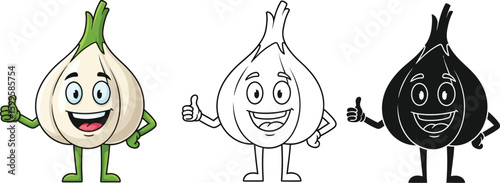 Cartoon garlic character vector illustration set with thumbs up for cooking and healthy eating design
