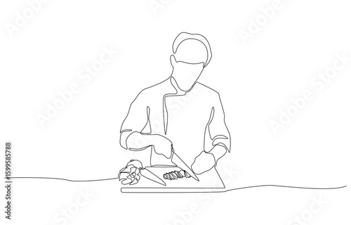 Continuous one line drawing of chef chopping vegetables, preparing ingredients before cooking concept, single line art.