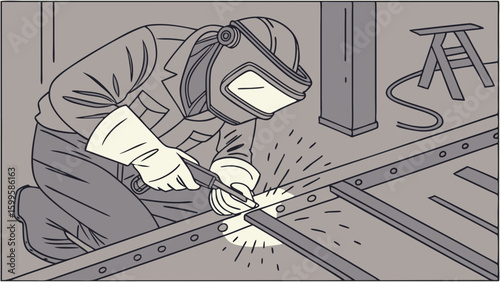 Skilled Welder in Protective Gear Performing Metal Fabrication.