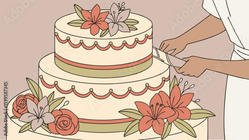 TwoTiered Wedding Cake Being Cut with Floral Decorations.