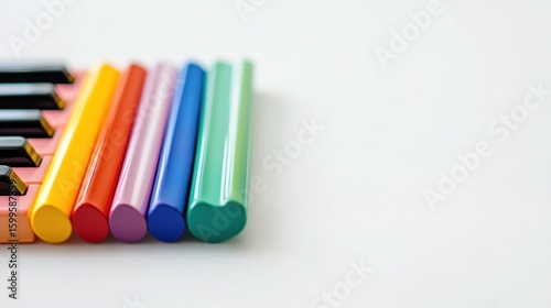 A melodica with colorful keys, space for text on the right side, against a bright white surface