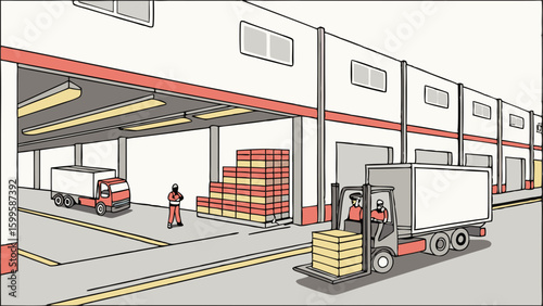 Warehouse Scene Depicting Forklift Trucks and Workers in Action.