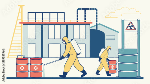 Workers in Hazmat Suits Decontaminating Barrels Near Industrial Building.