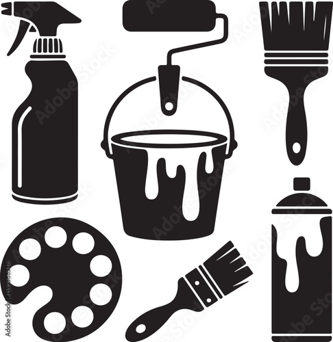Black silhouette of painting and cleaning tools paint roller paint bucket