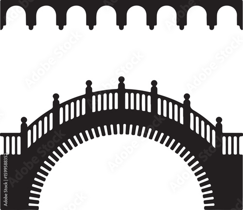 Black silhouette of arched bridges with ornate railings architecture white