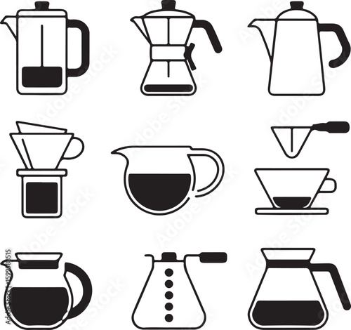 Coffee brewing equipment silhouettes coffee makers pour over