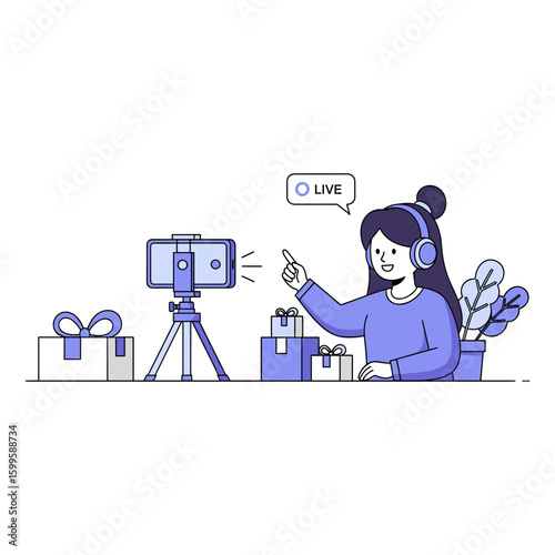 Young woman vlogging with a smartphone on a tripod for a live broadcast, showcasing gift boxes for an online review session.