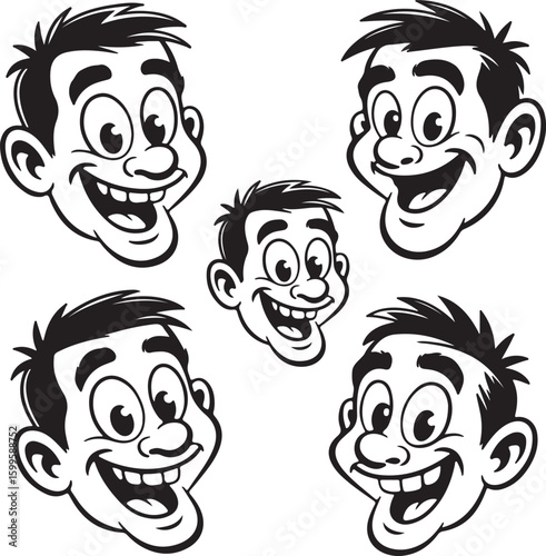 Joyful cartoon faces with wide smiles and expressive eyes black and white