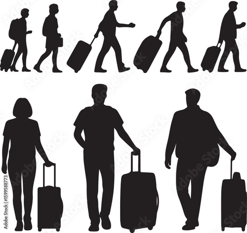 People silhouettes with luggage traveling suitcase