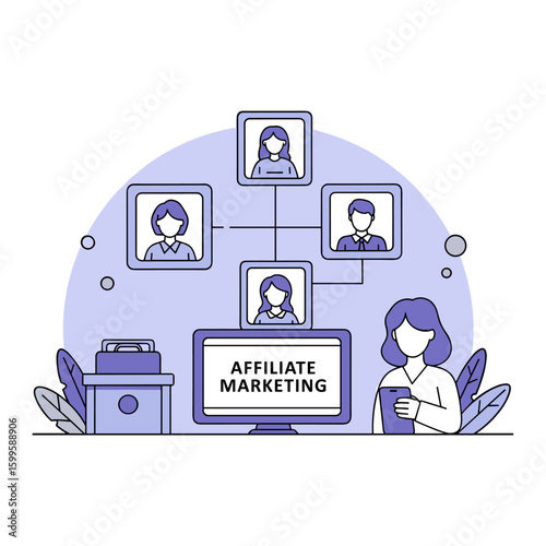 Flat vector illustration of a woman managing an affiliate marketing network. A business concept for online referral programs and digital partnerships.