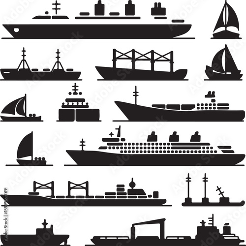 Various marine vessels and sailing ships silhouette boats