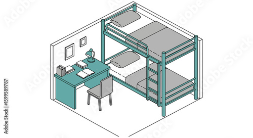 bunk bed with desk and bookshelf in room