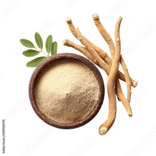 Top-Down Composition: Fresh Ashwagandha Roots with Powder in a Bowl