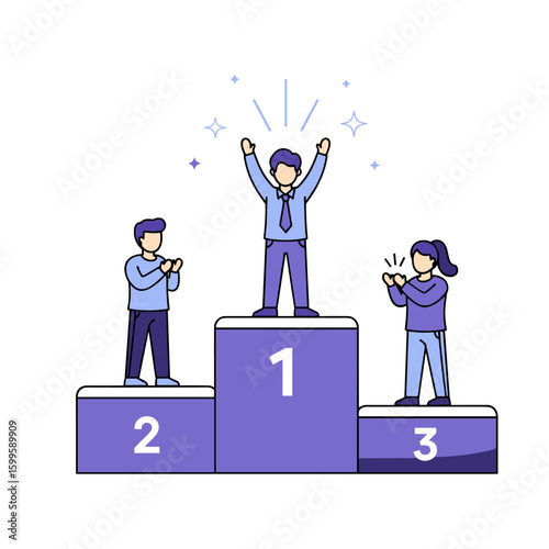 Triumphant winner on podium celebrating business success and personal achievement, receiving enthusiastic team recognition and applause, symbolizing victory.