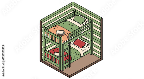 bunk beds with bedding and pillows in a room