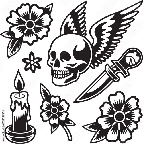 Winged skull dagger candle flowers silhouette wings