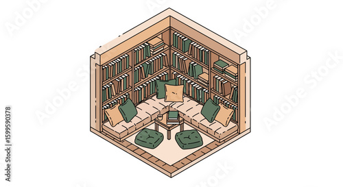 cozy corner with bookshelves and seating for reading space