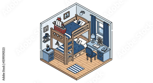 Cozy nautical-themed bedroom with bunk beds and decor