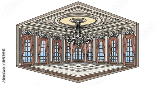 Elegant luxurious ballroom interior with chandelier and draped curtains
