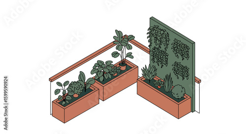 Indoor balcony with potted plants and decorative wall panel