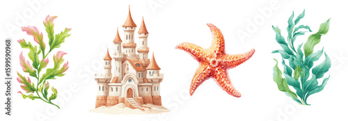 Sand castle, starfish and seaweed collection, watercolor illustration