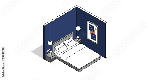 isometric bedroom with bed and nightstands for interior design