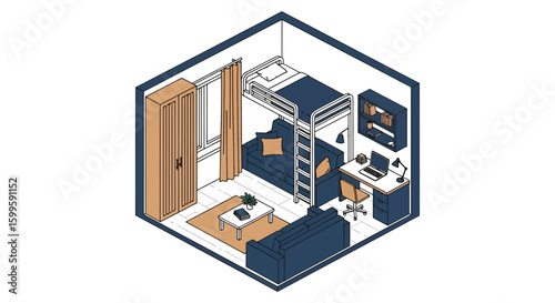 isometric bedroom with bunk bed and workspace scene