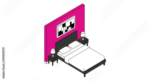 isometric bedroom with bed and nightstands for interior design