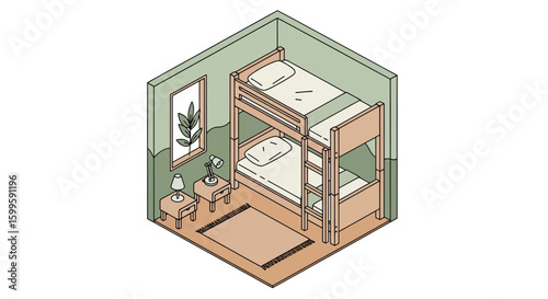 isometric bedroom with bunk beds and nightstands interior