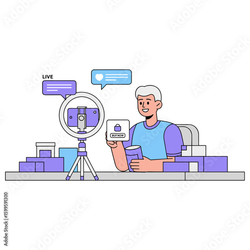 Charismatic influencer hosts a live streaming session, reviewing a secure product for his followers in a modern flat line illustration.