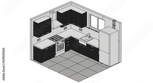 isometric kitchen with cabinets stove and refrigerator