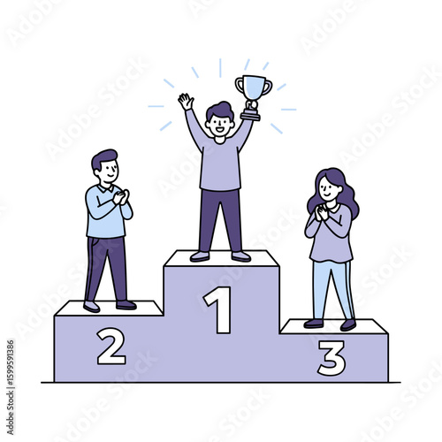 Illustration of a successful winner celebrating on a championship podium with a trophy, as competitors applaud the achievement.