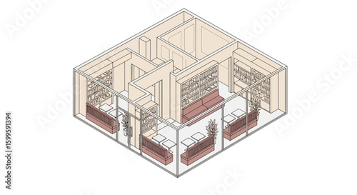 isometric office interior with bookshelves and seating arrangement